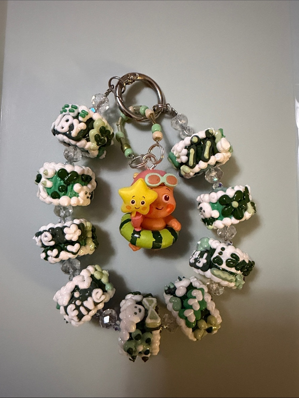 Twinkle Green & White Beaded Keychain Charm